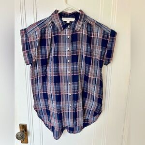LOFT Button Down Plaid Camp Shirt - Navy and Pink